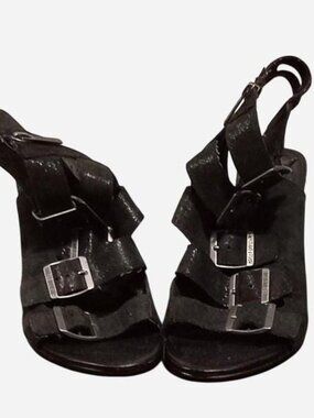 Black and silver leather Harley Davidson sandals with buckle detail